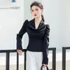 Female Loose Shirt Women's Spring Autumn off shoulder V-neck top Chiffon fashion Long Sleeve Women Bluses Vintage 929C 210420