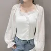 Outono Lanterna Vintage Manga Longa Top V-pescoço Slim Chiffon Branco Blusa Ruffles Lantejoulas Mulheres Camisas Blusas de Mujer 11419 210512