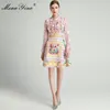 Moda Designer Dress Wiosna Damska Sukienka Koronki Ruffles Rękaw Rękawy Floral-Print Smukły 210524