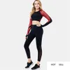 Training Set Zwart Rode Gym Plus Size Dames Lange Mouw Doorzien door Crop Top and Pants Summer