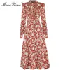 ファッションデザイナードレス春の女性のドレス弓襟長袖フリルフレンチロマンス花柄プリントドレス210524