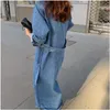 Fashion Spring Long Fund Lapel Single Breasted With Belt Demin Trench Coat Women Loose Windbreaker FV257 210427