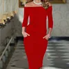 Women Pencil Dress Fashion Off-the-Shoulder Female High Waist Long Sleeve Bodycon Casual Party Cocktail Midi Clothing 210522