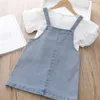 Baby Girl Clothes Set Short Sleeve White Shirt en Means Overall Set Mode Kleding voor Peuter Meisjes Sets Design 210715