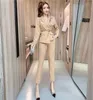 spring fashion temperament women Two Piece Sets Diamond-studded mesh long-sleeved jacket + pants suit 2 sets 210531