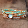 Top Quality Women Natural Opal Stone Rhinestone 3 Row Bracciale avvolgente in pelle Fancy Femme Boho Bracciali Dropship