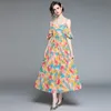 V Neck Puff Sleeve Spaghetti Strap Dress Summer Women Flower Print Bohemain Draped Elegant Beach Maxi Dress With Belt 210514