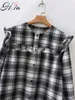 HSA Women Ruffles Blouse Kawaii Collar Black and Whith Plaid Long Sleeve Cotton Button Up Chick Streetwear Top 210716