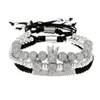 Bijoux Hommes Bracelets Or Noir Hip Hop Fait À La Main Bracelet De Perles Ensemble Cuivre Pave CZ Zircon Cristal Couronne Chiffre Romain Bracelets c265N