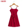 Tangada Women Solid Red Sundress con cinturino Slash Regola senza maniche Summer Fashion Lady Abiti Vestido SY230 210609