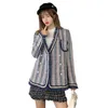 Harajuku Blue White Striped Tweed Kurtka Zimowa Kobiety Z Długim Rękawem V Neck Elegancki Płaszcz Koralki Perły Kardigan Płaszcz 210514