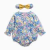 Född Baby Girls Floral Långärmad Kläder Rompers + Hårband Vår Höst Toddler Jumpsuits 0-3yrs 210429