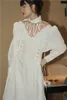 Rivet Coton Manches Bouffantes Blanc Robe Longue Femmes Col Roulé Corset Bandage Tunique Designer Vêtements 210427