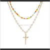 S1708 Fashion Jewelry Double Layer Chain Faux Pearls Colorful Beads Cross Fpgpb Necklaces F8Bqu