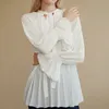 女性のファッション弓縛られたプリーツの緩いブラウスヴィンテージ長袖フリルカフ女性のシャツシックなトップス210520