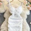 レディーススリムレースセクシーな腰210420のための胸パッドドレスと韓国の夏のドレスのVネックの三次元刺繍の折りたたみ