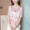Chemise femme coréenne Blouses en soie pour femmes à manches courtes imprimé femme haut col rond Blouse femme basique s 210604