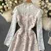 Young Gee Fashion Runway Women's Dress Long sleeve Hollow out Lace Flowers Slim Elegant Party Dresses vestidos de fiesta X0521