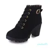 Mulheres moda salto alto lace up tornozle botas senhoras fivela plataforma sapatos de couro artificial bota feminina 35-41 6071