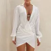 Summer Women White Fashion Mini Club Dress Sexy Deep V Neck Draped Celebrity Evening Runway Outwear Party 210423