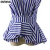 Blue Striped Peplum Tops Blouse Summer Sleeveless Womens Plus Size V-Neck Ruffles Office Lady Shirts Femininas Blusas Workwear 210527