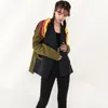 [EAM] Loose Fit Green Striped Embroidery Bgi Size Jacket Lapel Long Sleeve Women Coat Fashion Spring Autumn JZ52106 21512