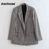 Aachoe Vintage Hahnentooth Plaid Blazer Frauen Mode Langarm Lose Jacke Office Ladee Gegeätzte Kragen Taschen Mantel 210413