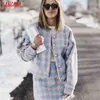 women Houndstooth pattern knit sweater suit 2 piece set oversize tops and skirts high quality SP01 210416