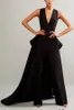 Черные вечерние комбинезоны с съемной юбкой V-образным вырезом выпускных платьев оборками на петлум дешевые плюс женщины формальные брюки