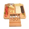 Bamboe Cheese Board Set met bestekkaashulpmiddelen in uitschuiflade inclusief 4 roestvrijstalen mes