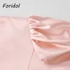 Bouton Up Satin Robe Femmes Lanterne Manches Vintage Rose Parti V Cou Dames Élégant Court Une Ligne Soie 210427