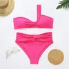 Sexy Women High Waist Swimsuit Solid Orange Pink Swimwear Female Bandeau Thong Brazilian Bikini Set Biquini Bathing Suit 210520