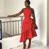 Röd asymmetriska sjöjungfruklänningar med ruffles te längd lång afrikansk kvinnor party klänning maid of heder 328 328