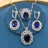 Necklace Earrings Set & Classic Huge Blue Stones Silver Color For Women Bracelet Ring Party Gift Box