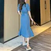 Denim Dress Pocket V Neck Short Sleeve Midi Women Puff Fit And Flare Korean Style D1806 210514