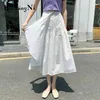 Branco irregular MIDI Saia Mulheres Preto Elástico Cintura Plain Chic Preppy Summer Shays Kawaii Fash Faldas Mujer 210506