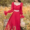 Französisch Vintage Party Kleid Frauen Spitze Langarm Quadrat Kragen Elegante Rote Kleid Frauen Fee Kleid Koreanische Herbst 210521