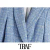 TRAF Femmes Mode Double Boutonnage Tweed Check Blazers Manteau Vintage Manches Longues Poches Femelle Survêtement Chic Veste 210415