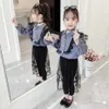 Clothes For Girls Plaid Blouse + Skirt Pants Tracksuits Lace Costume Girl Mesh Kids Clothing 6 8 10 12 14 210528