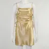 Casual Jurken Spaghetti Strap Satijn Jurk Dames Holle Bandage Ruched Micro Mini Sexy Night Club Party Gold Purple