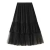 Surmiitro Summer Long Tulle Skirt Kvinnor Koreansk stil Mesh Lace Patchwork Hög midja Estetisk Midi Pläterad Kjol Kvinna 210712