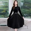 Spring Vintage Velvet Women Fall Long Sleeve O-Neck Button Slim Elegant A-Line Pleated Midi Dress With Free Belt 210416