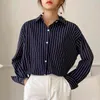 Mode koreanska vita blusar kvinnor avslappnad randig lös plus szie kontor dam långärmad topp cardigan knapp upp skjorta 11876 210415