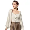 Tops courts Blouse à manches bouffantes Femmes OL Work Wear Col carré Mode Zipper Up Chemises Dames Vintage Bureau Blusa Filles 210601