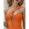 Abito fasciatura Trendy All One Shoulder Mesh Scava fuori Design Sexy Abito aderente arancione Vestidos Dobanmbd 210719