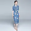 Kvinnor sommar elegant blommig denim klänning högkvalitativ kvinnlig dragkedja vintage designer banan klänningar vestidos 210520