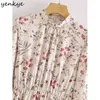 Spring Women Floral Print Midi Dress Female High Neck Long Sleeve Elastic Waist Casual Prairie Chic Vestido 210430