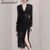 Elegante dames partij ruches potlood zwart kant jurk vrouwen lange mouw V-hals hoge taille split sexy jurken met riem 210416