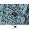 TRAF Women Fashion Bejewelled Buttons Cropped Cable-knit Vest Sweater Vintage Lapel Collar Female Waistcoat Chic Tops 210415