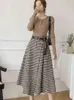 Tigena vintage xadrez de lã saia longa saia outono moda irregular hem irregular cintura alta saia feminina 211120